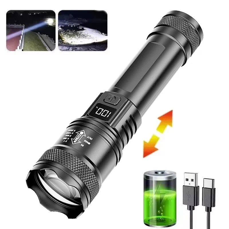 Ultra Bright LED Flashlight 2000LM Type-C Rechargeable Long Range Zoom Tactical Torch Outdoor Emergency Camping Fishing Lantern