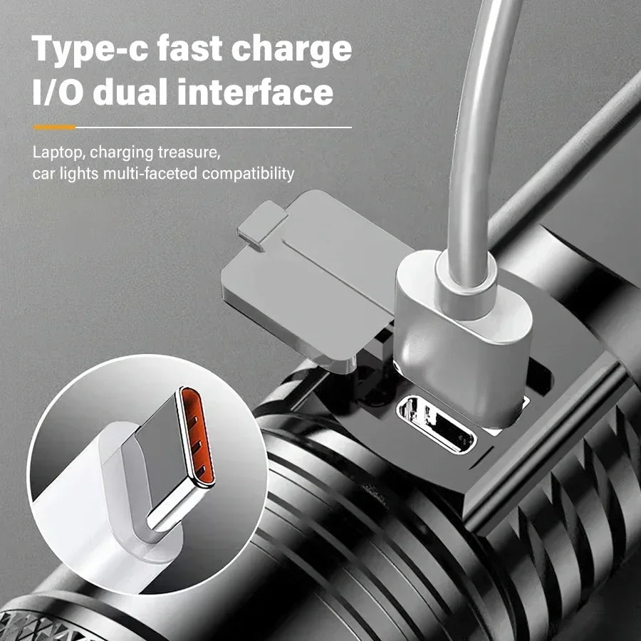 Ultra Bright LED Flashlight 2000LM Type-C Rechargeable Long Range Zoom Tactical Torch Outdoor Emergency Camping Fishing Lantern