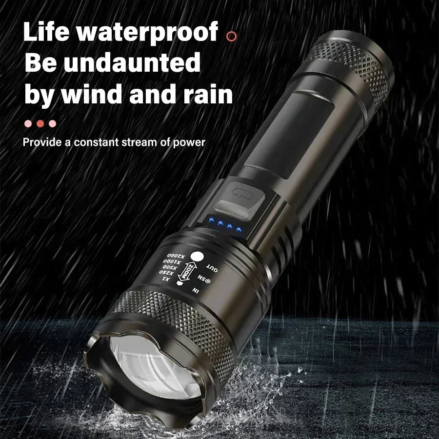 Ultra Bright LED Flashlight 2000LM Type-C Rechargeable Long Range Zoom Tactical Torch Outdoor Emergency Camping Fishing Lantern